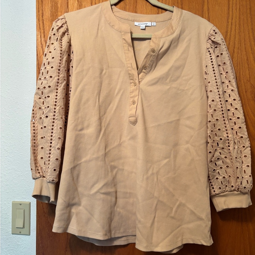 Chico's Tan Eyelet Sleeve Long-Sleeve Henley Top